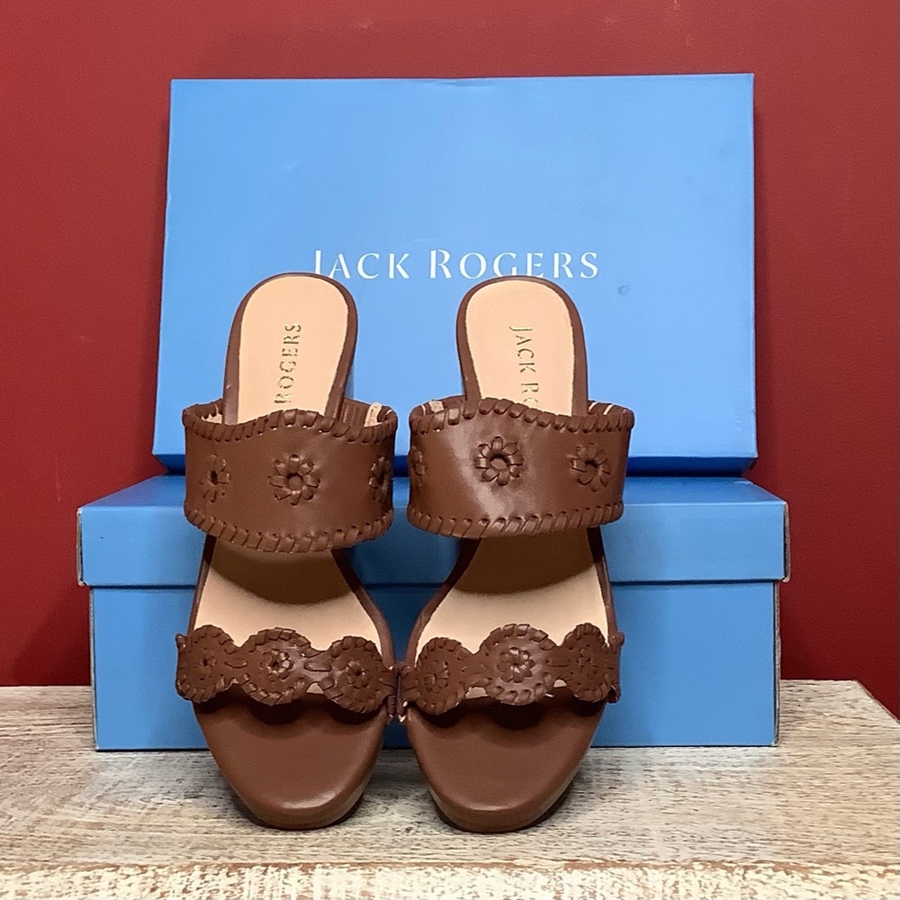 Jack Rogers Brown Size 9 1/2 Leather Floral Cutout Wedge Slide Sandal